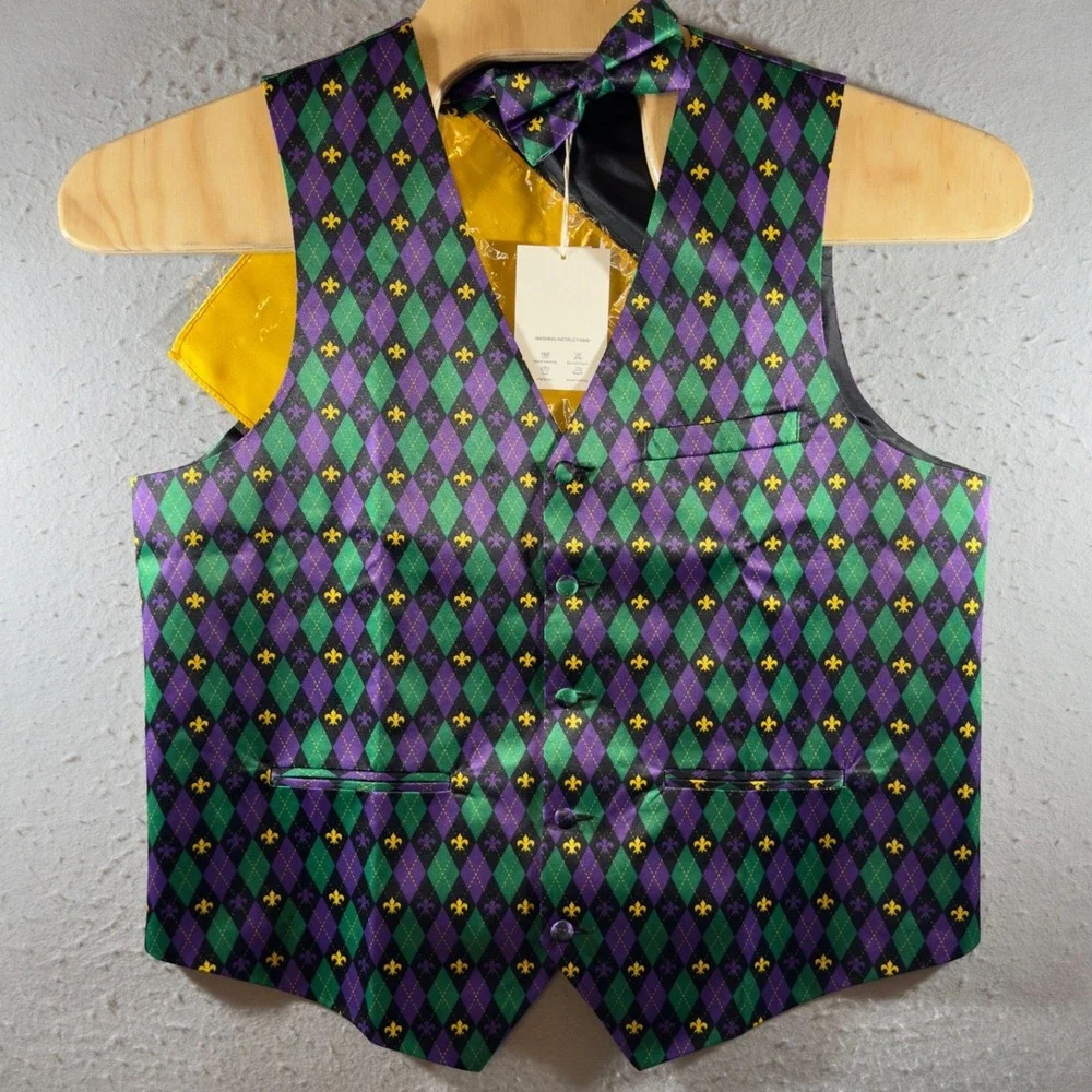 1699 | NWT Mardi Gras New Orleans Harlequin Fleur De Lis Vest Set Purple M